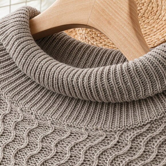 Mocha Brown Casual Womens Turtleneck Drop Shoulder Sweater - Picture 5 of 5